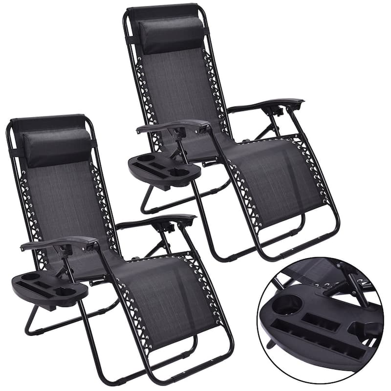 Costway 2 PCS Folding Zero Gravity Reclining Lounge Chairs Beach Patio - 2 PCS - Black