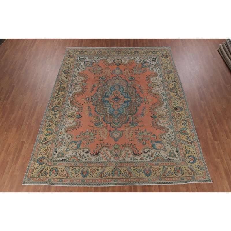Hand Knotted Oriental 100% Wool Carpet Traditional Geometric Coral Tabriz Area Rug - 12' 7'' X 9' 7''