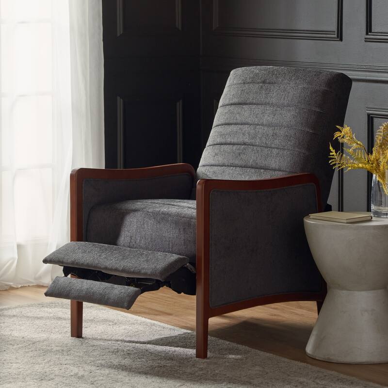 Mid-Century Modern Push-Back Recliner Chair with Thick Cushion, Fabric Upholstered Sofa Chair with Wooden Legs