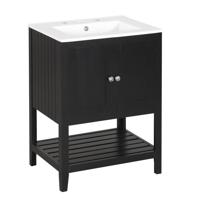 24-inch Grey Bathroom Vanity with Half-Moon Ceramic Sink and Open Shelf, Solid Wood Frame - Black