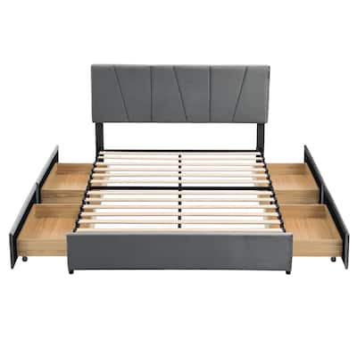 Queen Velvet Fabric Bed Frame with Storage, Queen Size Upholstered Platform Bed Frame w/ 4 Drawers & Adjustable Headboard, Grey