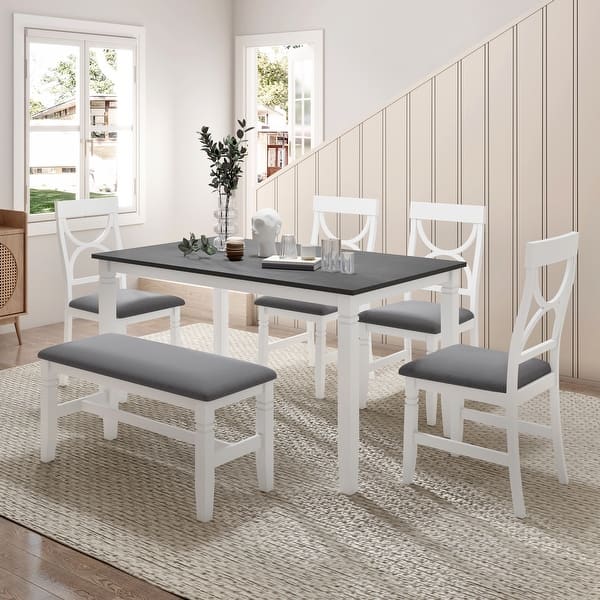 slide 2 of 20, 6 Piece Dining Table Set, Wood Rectangular Dining Table with Upholstered Bench and 4 Dining Chairs, Kitchen Table Set White