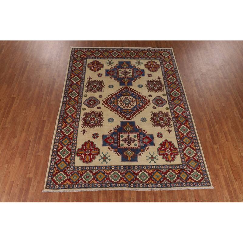 Ivory Geometric Kazak Area Rug Hand-Knotted Wool Carpet - 8'0" x 10'6"