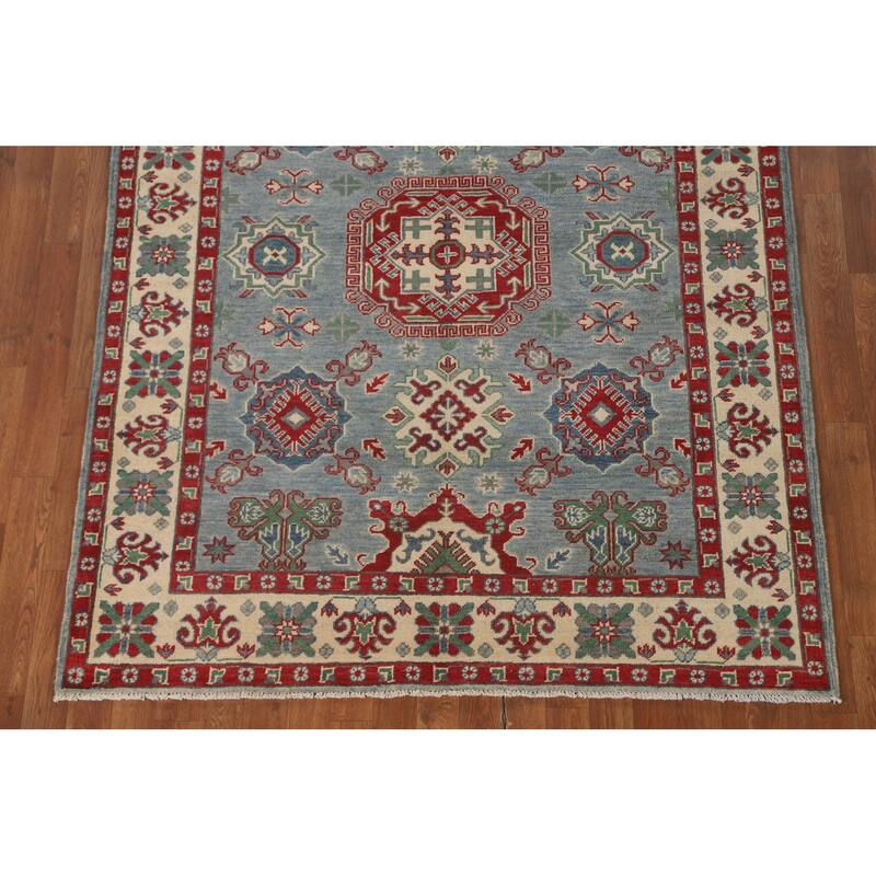 Blue Geometric Kazak Area Rug Hand-Knotted Wool Carpet - 4'11" x 6'4"