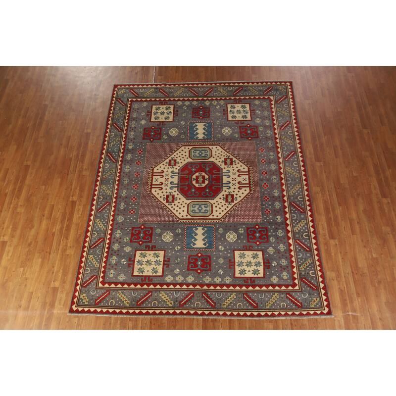 Hand Knotted Oriental 100% Wool Carpet Traditional Geometric Greys & Charcoal Kazak Area Rug - 10' 4'' X 8' 2''