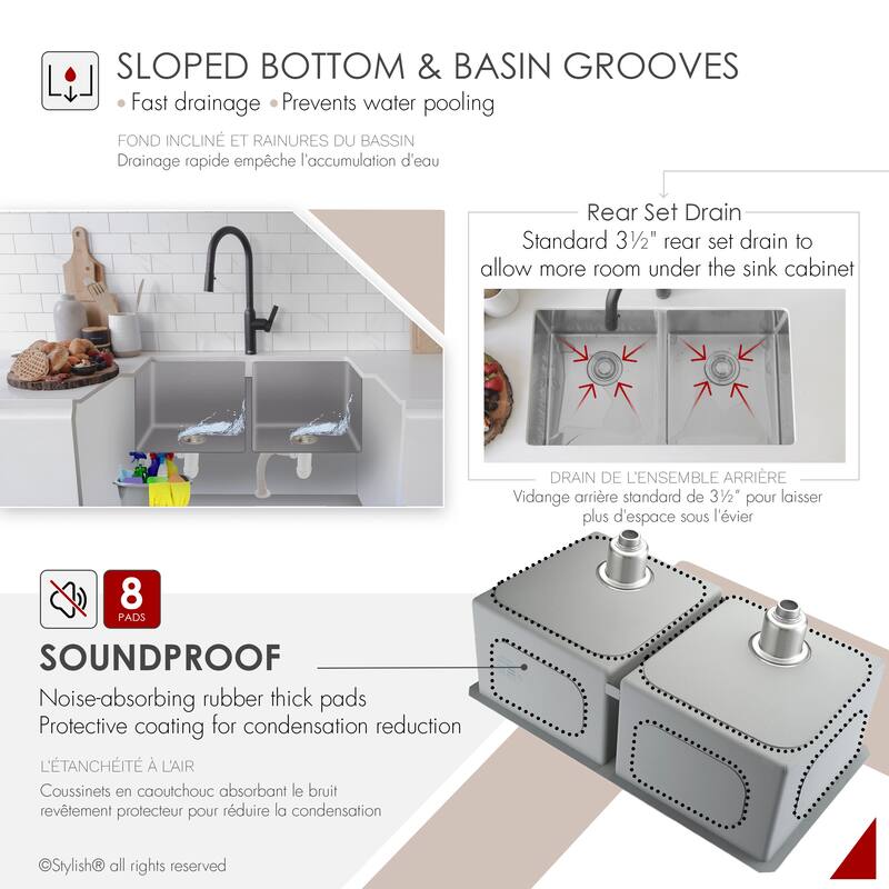 Stylish Undermount 32" Double-Bowl Stainless Steel 18G Kitchen Sink S-301G - 32" x 18" x 10"