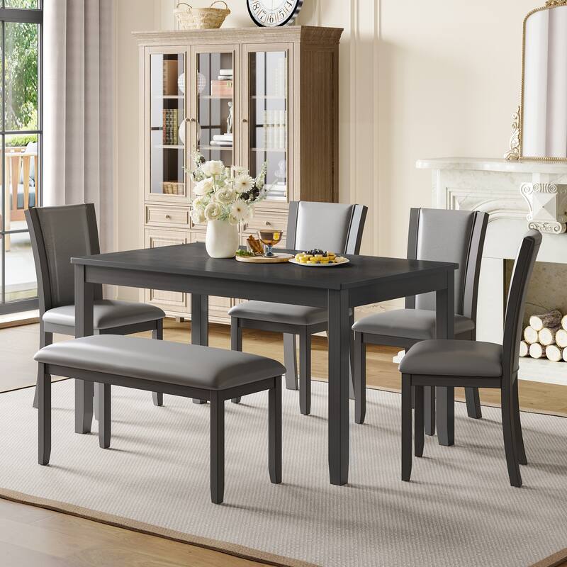 6-Piece Wood Grain Dining Table Set with Bench and Waterproof Curved Backrest Chairs, Anti-Slip Footpads - Gray