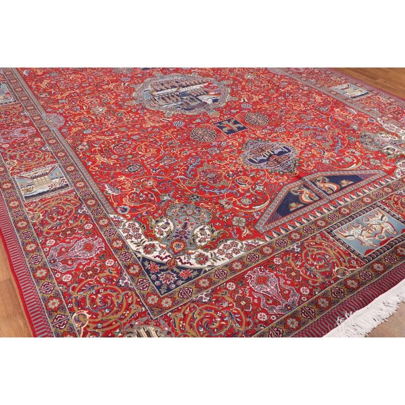 Red Pictorial Animals Kashan Turkish Area Rug Machine Made Carpet - 9'7" x 13'2"