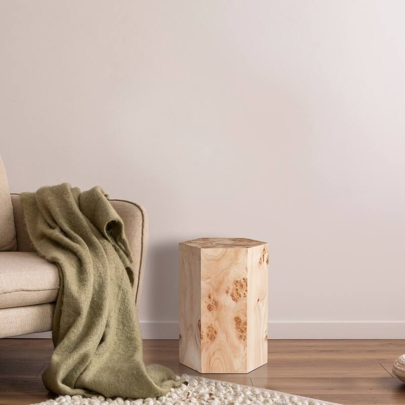Hexagon Burl Wood Side Table - 18.75" - Beige