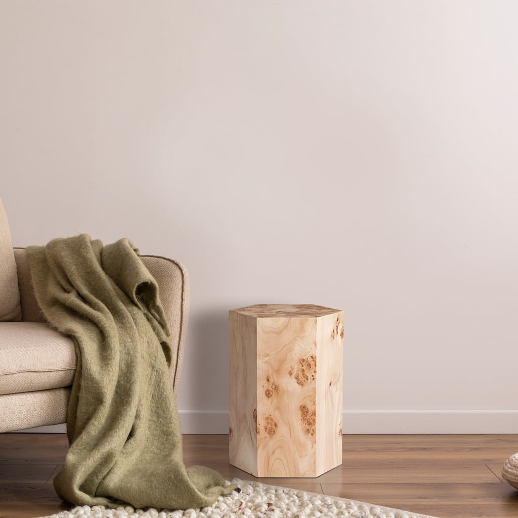 Hexagon Burl Wood Side Table - 18.75" - Beige