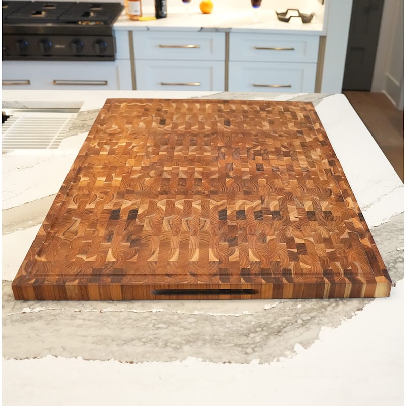 XL EcoDecors FSC Certified Solid Teak Cutting Board 40" x 28", End Grain Butcher Block for Kitchen, BBQ & Carving