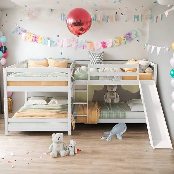 slide 2 of 14, 4 Beds In 1 Full And Twin Size L-Shaped Bunk Bed With Slide And Short Ladder,Convertible Beds for Bedroom White