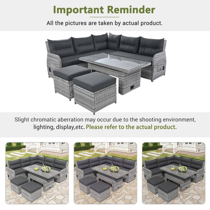 Patio Rattan Furniture Set with 1 Adjustable Table, Recliners with Extendable Side Tables, and 2 Ottomans