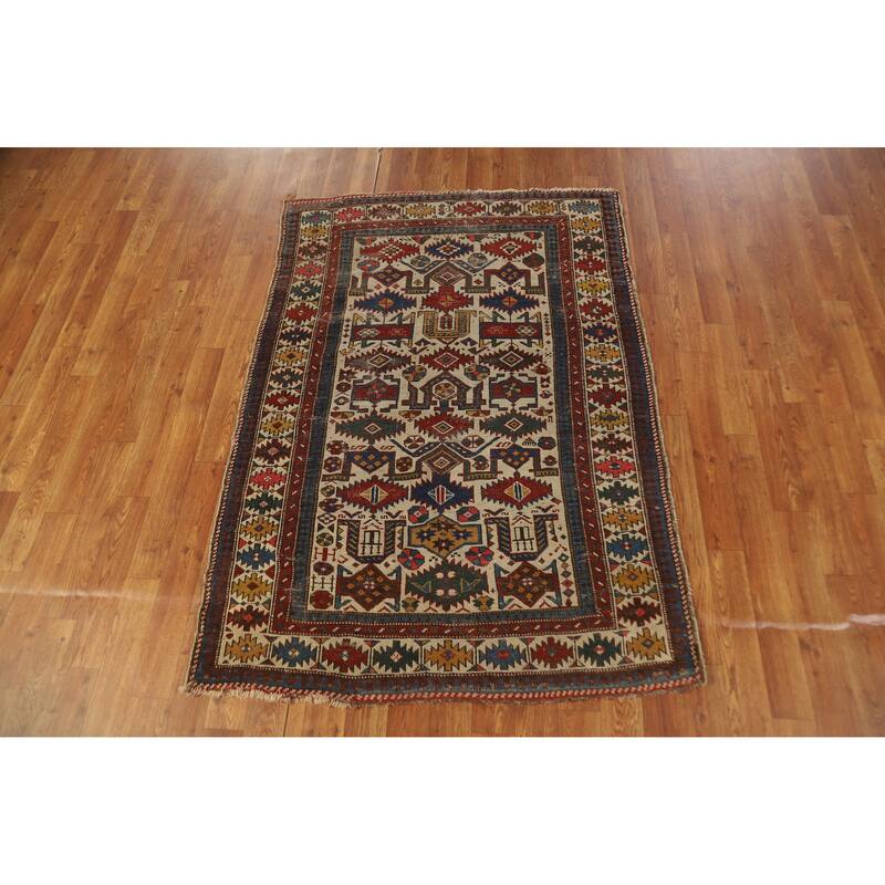 Hand Knotted Oriental 100% Wool Carpet Traditional Tribal Beige & Ivories Kazak Area Rug - 4' 11'' X 3' 4''