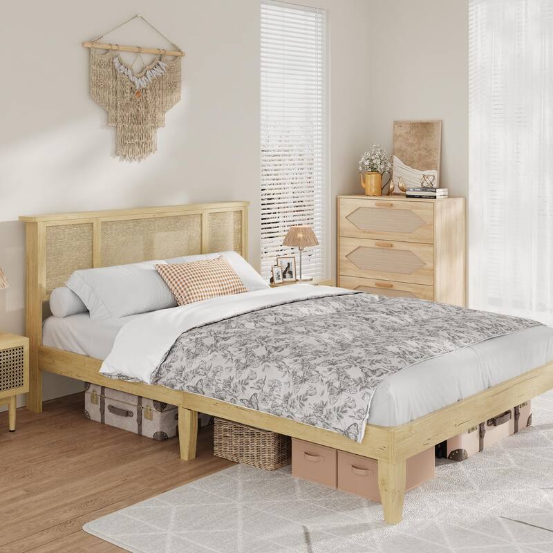 Boho Rattan Headboard Bed Frame with Under-Bed Storage, Sturdy Steel Base & Wooden Slats, No Box Spring Needed