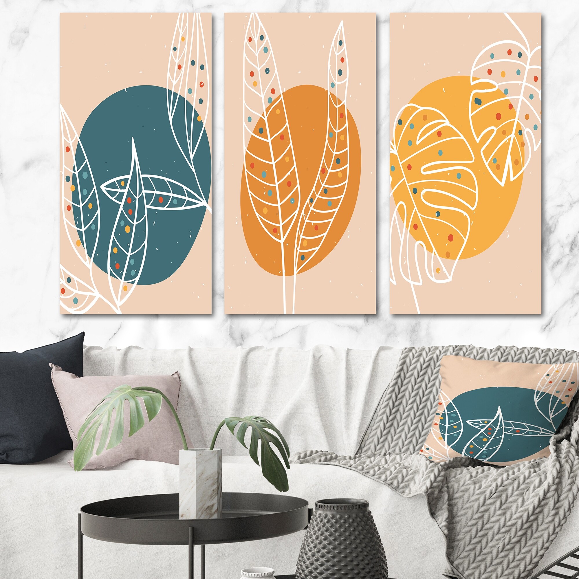 Designart White Botanical Silhouettes on Retro Colors I - Vibrant Floral Art Print for Modern Home Decor-image