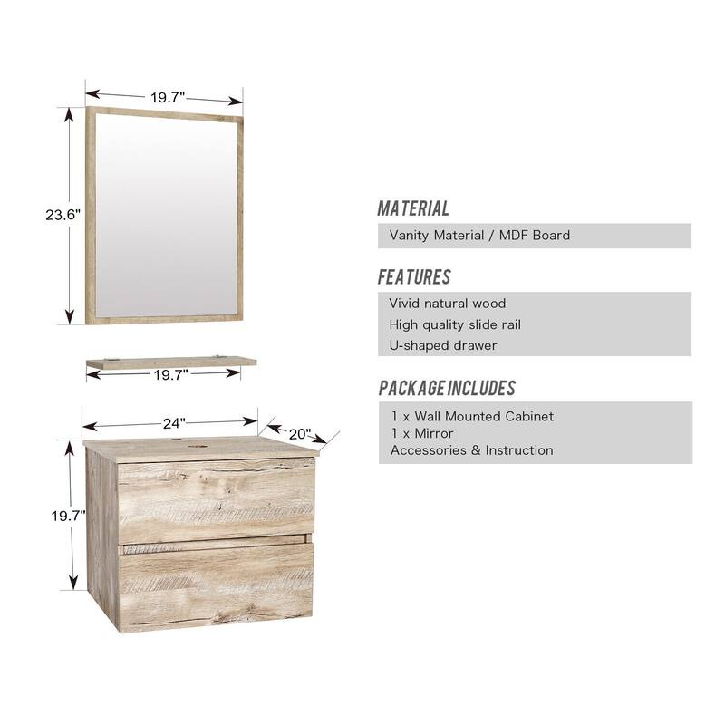eclife 24" Wall Mounted Bathroom Vanity Ceramic Tempered Glass Sink Combo Natural 2 Drawers Cabinet Vanity Set