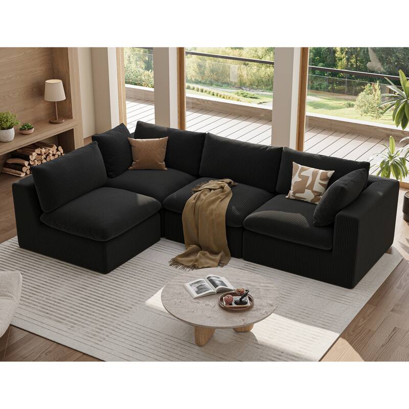135inch Oversized LoveSofa,L Shape Sofa,4 Seater Upholstered with Corduroy Fabric Couches with 2 Pillows - Black