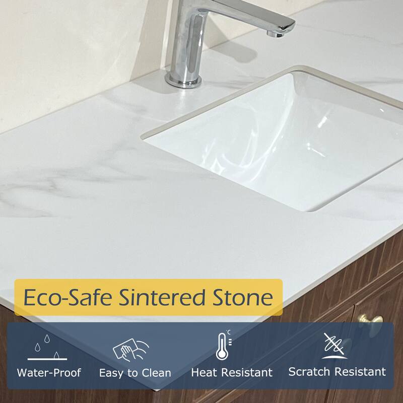 48" Mid-Century Modern Floating Bathroom Vanities, Sintered Stone Table top with Solid Wood Cabinets