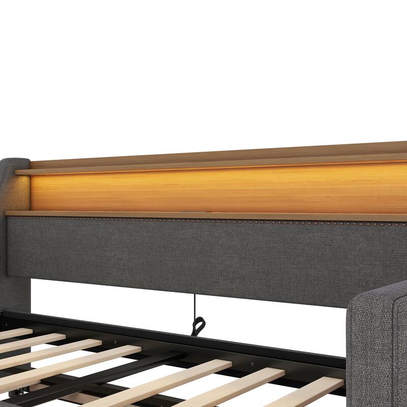 Twin Size Upholstered Daybed with Trundle, Charging Station, LED Lights, and Storage Headboard, Gray