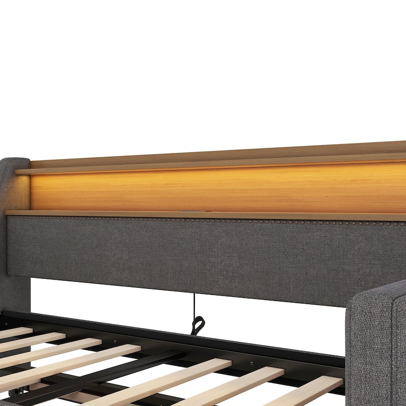 Upholstered Daybed with Trundle and Charging Station