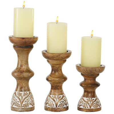 Wood Candle Holder - Set of 3 Brown - Roche River Decor - 4"W x 4"L x 10"H