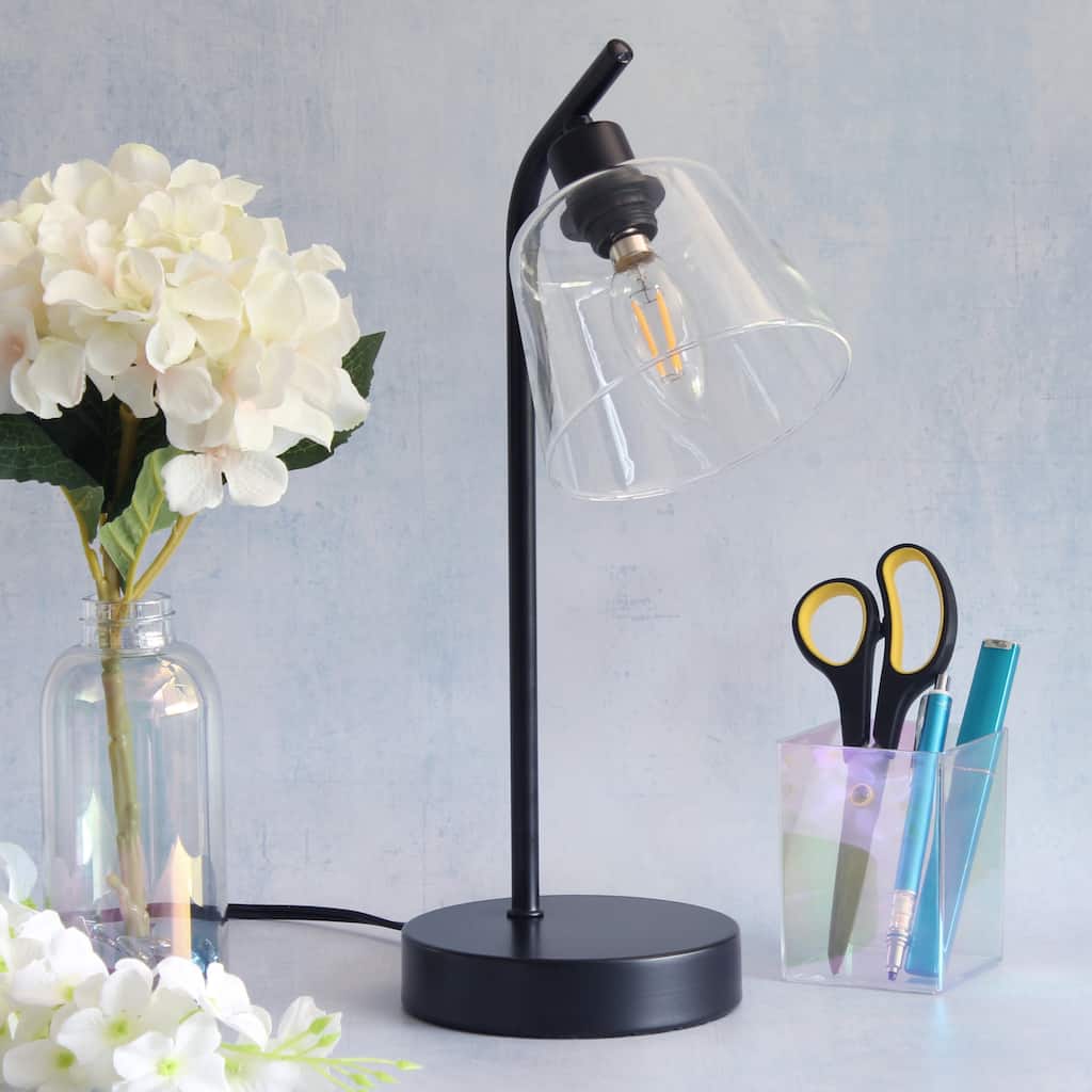 Angled Desk Lamp with Clear Ribbed Glass Shade - 15.75" - Black