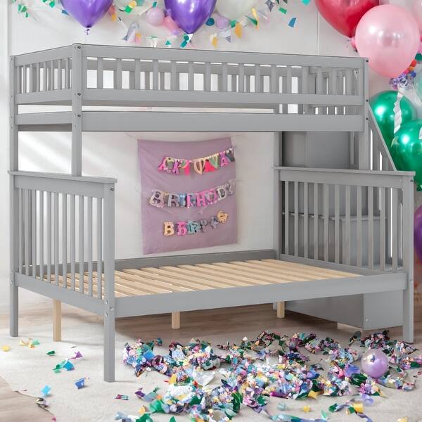slide 2 of 18, Twin over Full Stairway Bunk Bed with Storage, Gray Grey