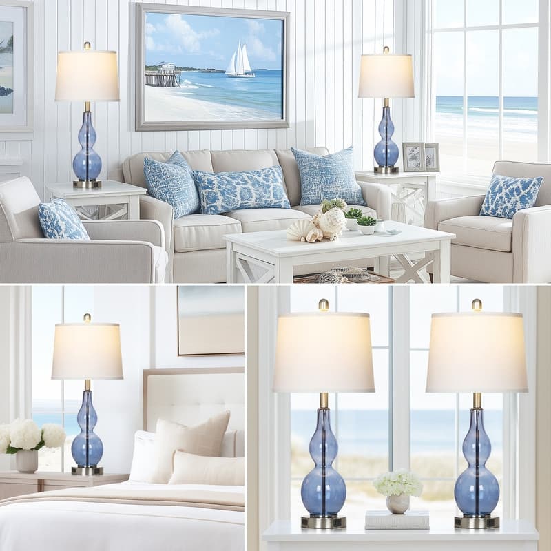 27.5'' Blue Glass Table Lamps with USB-C, USB-A & AC Outlet, Touch Control, Modern Bedside Lamps(Set of 2)