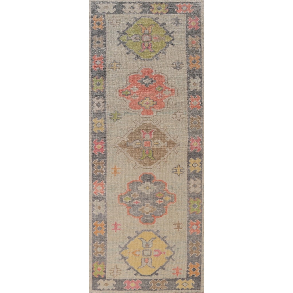 Hand Knotted Oriental 100% Wool Carpet Transitional Geometric Beige & Ivories Oushak Runner Rug - 9' 2'' X 3' 1''