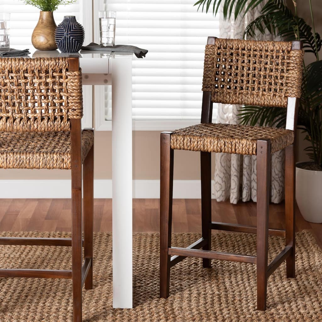 Alise Handwoven Seagrass Bar Stool with Mahogany Wood Frame - Bar-Height Chair for Kitchen or Home Bar, Earthy Brown