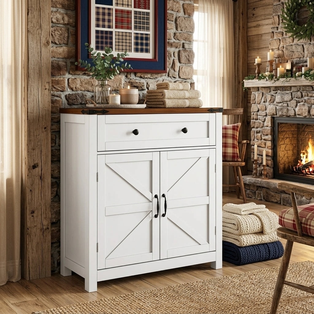 Farmhouse Storage Cabinet with Drawer and Barn Doors Adjustable Shelf Accent Cabinet Sideboard for Entryway & Kitchen