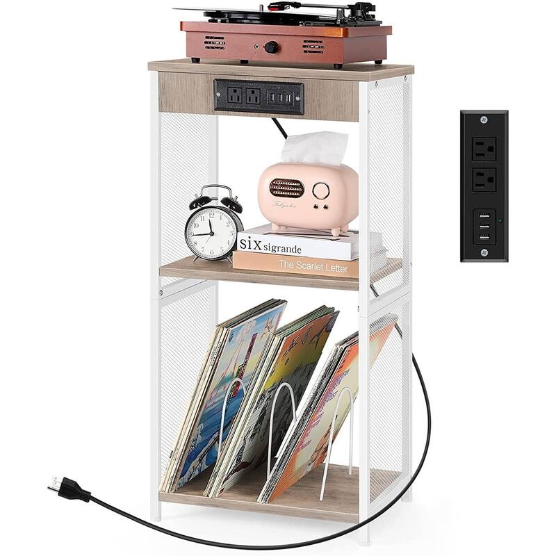Vinyl Record Storage Table with Album Storage Power Outlet
