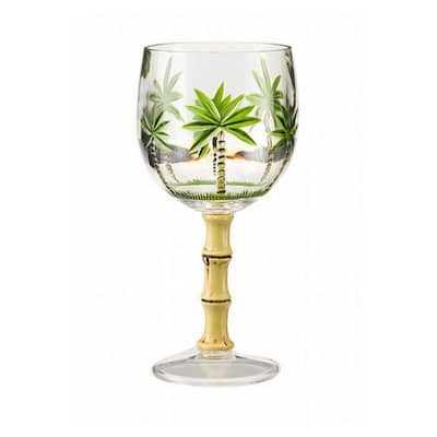 LeadingWare Designer Classic Palm Tree Acrylic Wine Glasses Set of 4 (16oz), Unbreakable Bamboo Stemmed Acrylic Wine Glasses