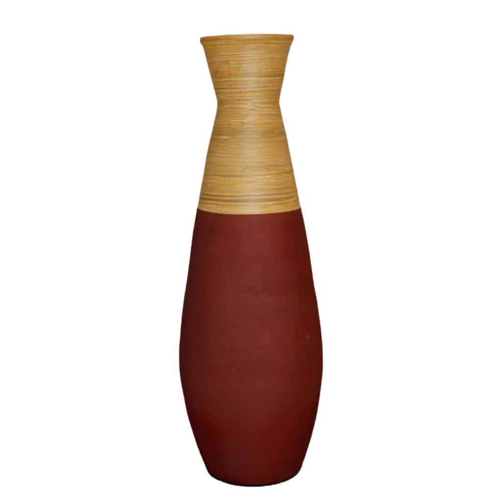31.5 inch Tall Handcrafted Bamboo Floor Vase, Burgundy and Natural Finish, Decorative Accent, Large Bamboo Floor Vase