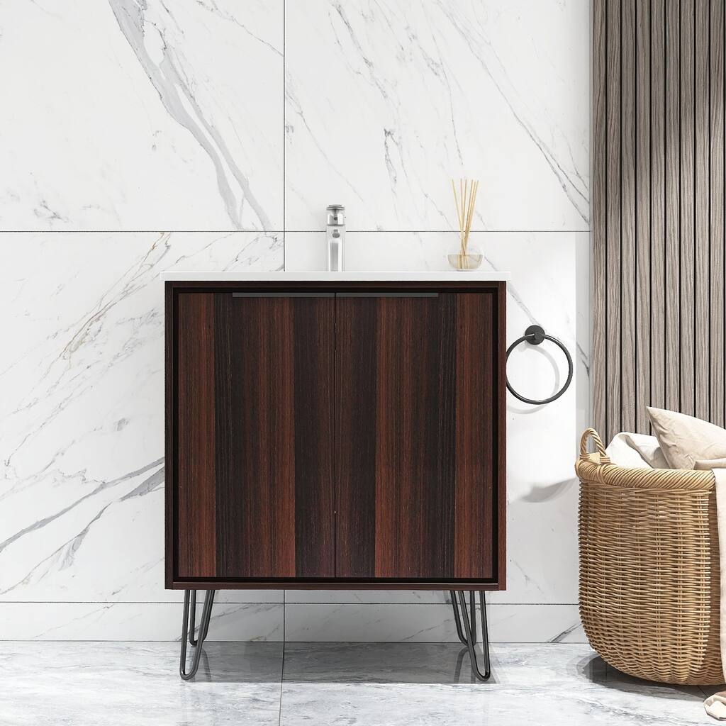 Walnut 30 Inch Bathroom Vanity in Dark Walnut with White Ceramic Top