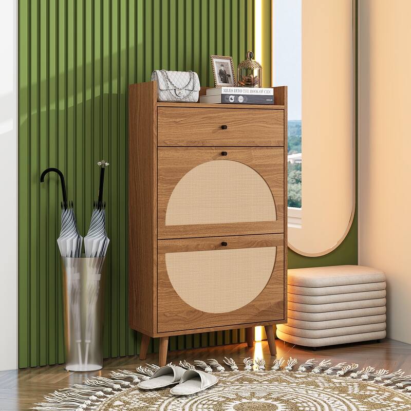 Entryway Shoe Storage Cabinet, Freestanding Rattan Shoe Rack, Shoe Organizer with 2 Flip Drawers & 1 Pull-Out drawer
