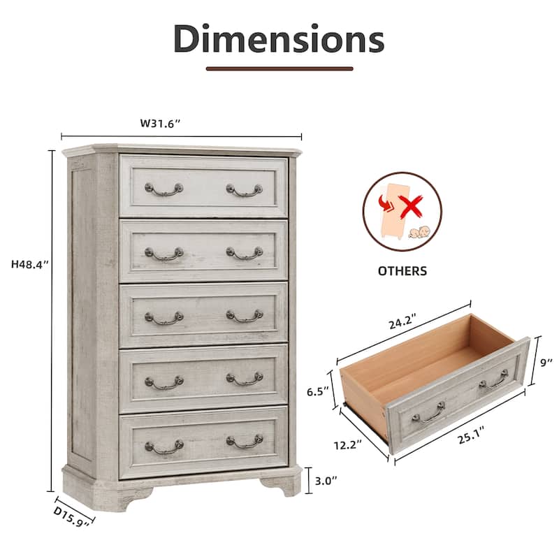 Vintage 5 Drawers Dresser, Bedroom Storage Cabinet, Dressers Organizer