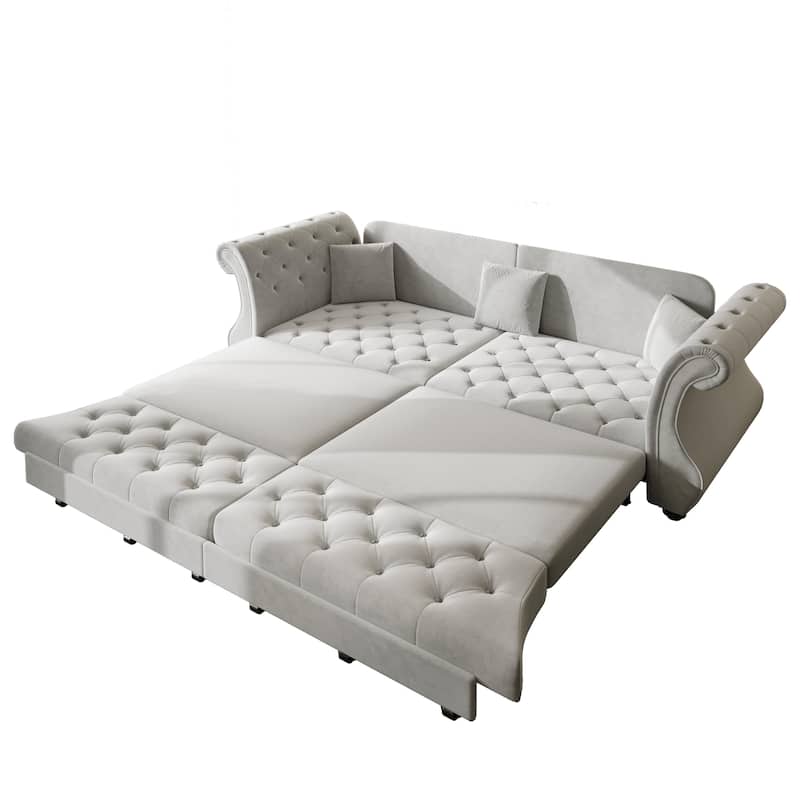 Chesterfield Pull Out Sofa Bed, Oversized 3-Seater/4-Seater Velvet Couch with Flared Arms, Convertible Sleeper Sofa