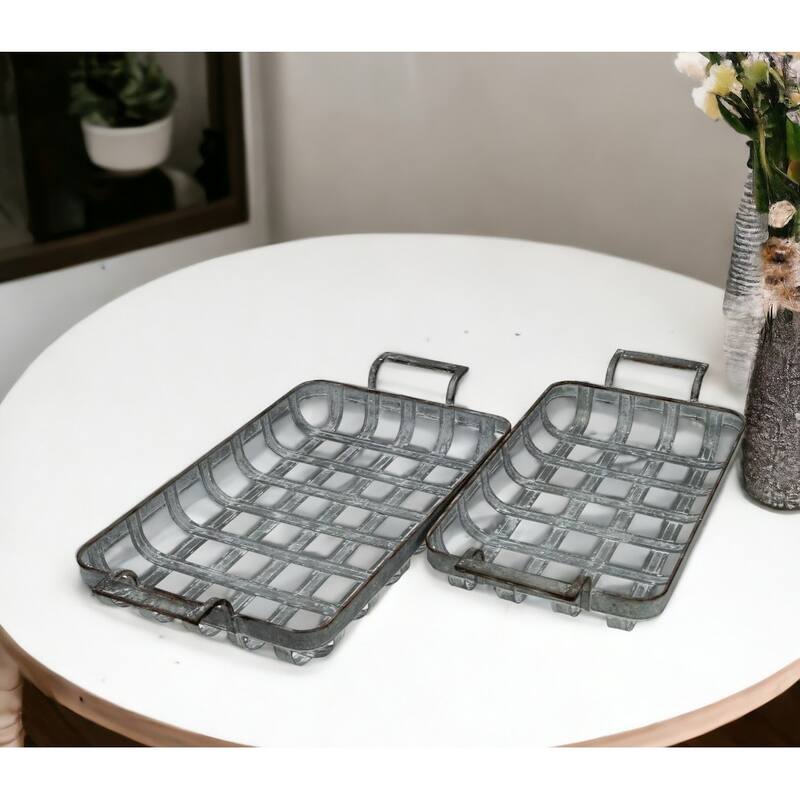 HomeRoots 23" Gray Rectangular Metal Handmade Tray With Handles - Gray