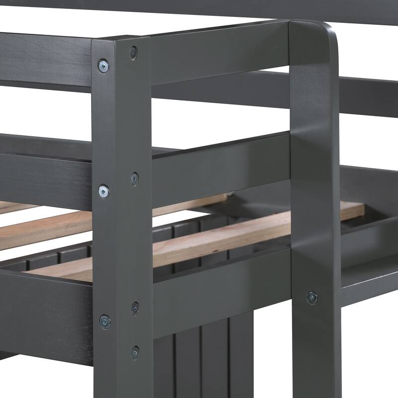 Twin Over Full House Bunk Bed Wooden Loft Bunk Bed Frames with Playhouse, Farmhouse, Ladder and Guardrails for Boys or Girls