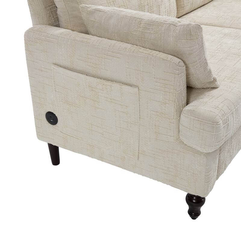 Modern Style Chenille 2-Seater Wood-Legged Sofa With Led Light,USB Charging Port And Storage Bag Living Room Bedroom Study Room
