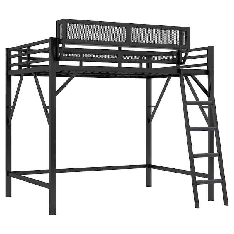 Queen Size Loft Bed with Ladder, Metal Queen Loft Bed with Storage Shelves, High Loft Bed for Kids Teens