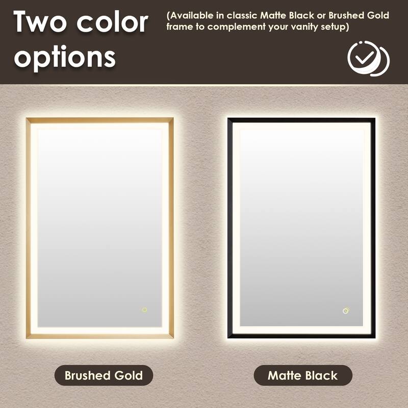 Apollo Rectangular Anti-Fog Dimmable Modern Bathroom/Vanity LED Lighted Wall Mirror in Brushed Gold Aluminum Framed