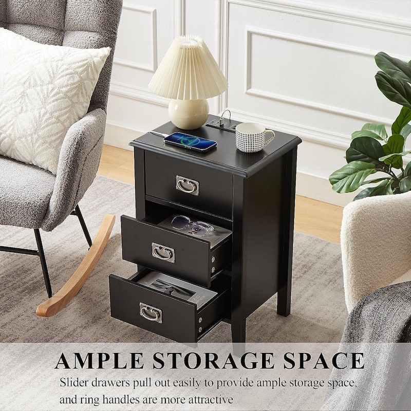 Javlergo Set of 2 Wooden Nightstand with Charging Station, Side End Table with USB Drawer and Open Storage Shelf