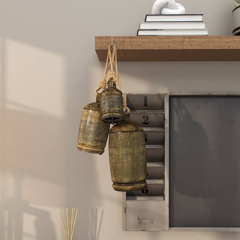 Gold, Gray, Bronze, Black or Red Metal Tibetan Inspired Decorative Cow Bells with Jute Hanging Rope (Set of 3)