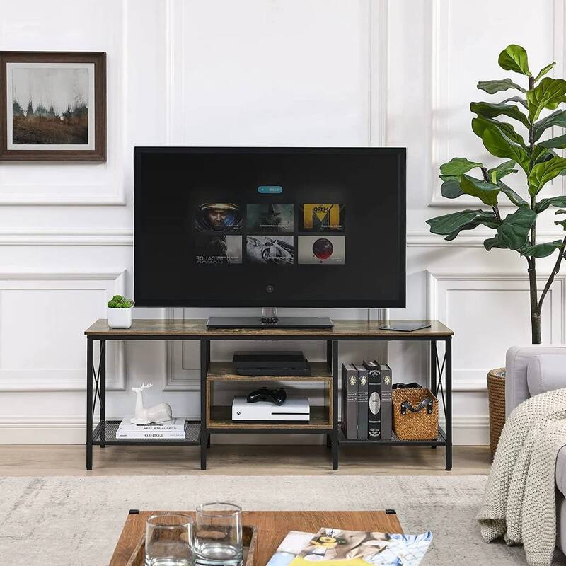 Industrial Farmhouse Metal Wood TV Stand with Storage Shelves - 55.11” Long x 15.74” Wide x 20.47” Tall