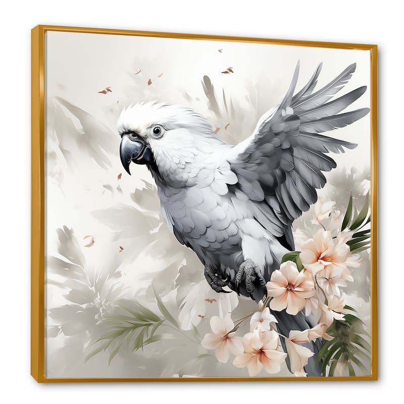 Designart "Grey Parrot In Flight II" Parrot Grey Wall Decor - Modern Hallway Framed Wall Art Decor