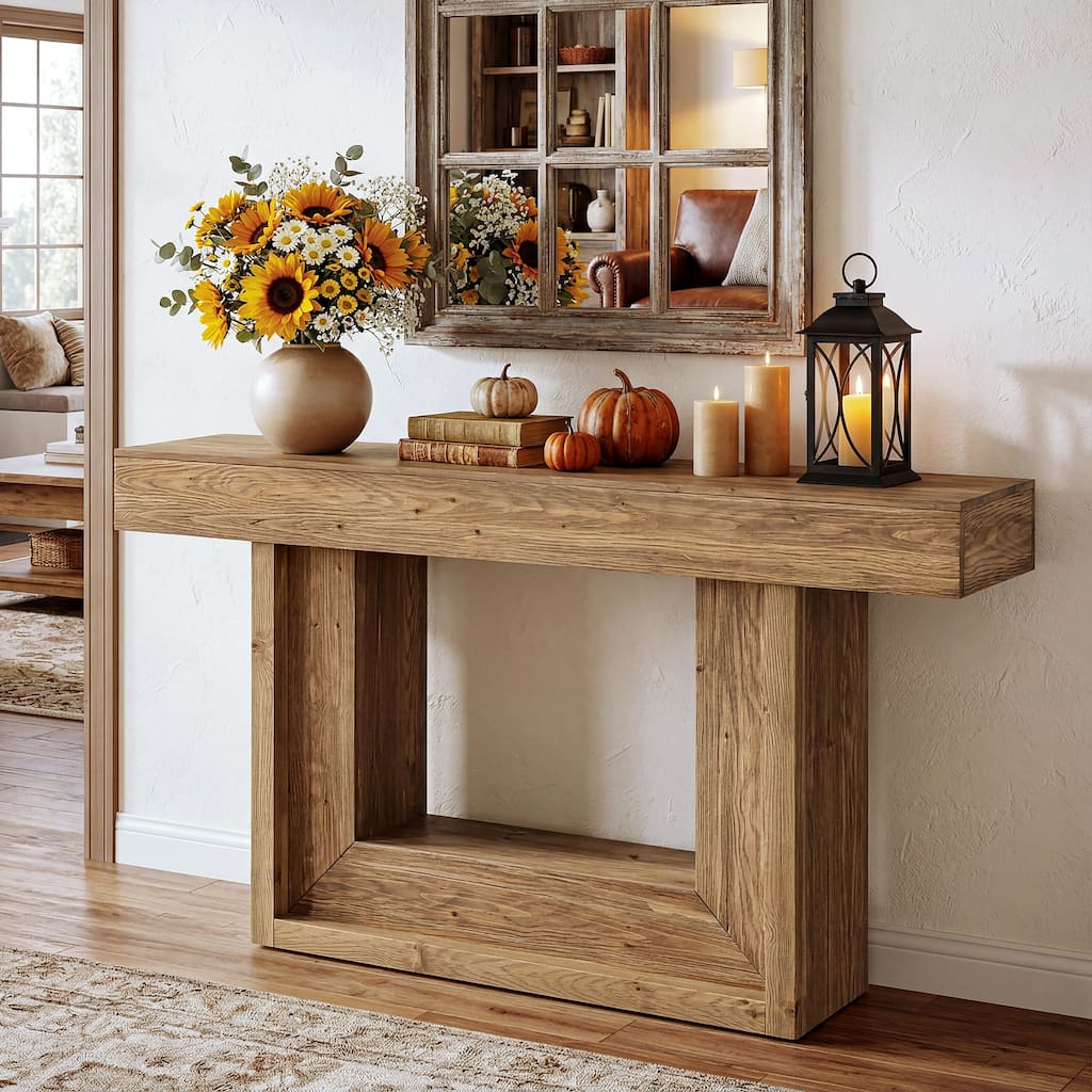 63-Inch Solid Wood Console Table, U-Shaped Farmhouse Entryway Table