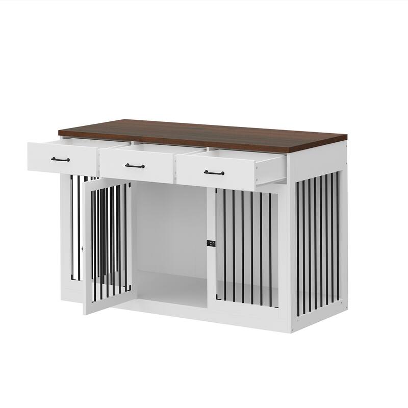Furniture Style Dog Crate with Storage Drawers, Large Dog Kennel Cabinet with Wood Top, Double Door Pet Crate End Table